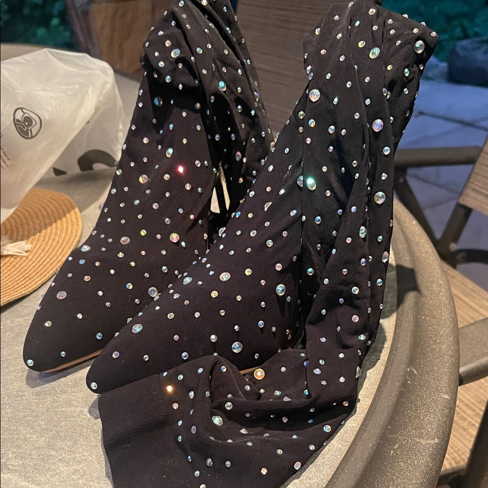 Elegant Black Rhinestone Heeled Boots